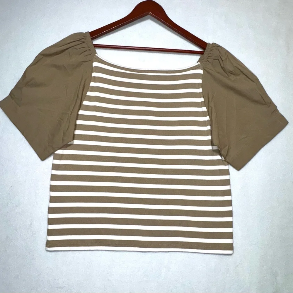 NWT J.Crew Off-the-Shoulder Puff Short Sleeve Coquette Shirt Brown White Size 2X - Picture 9 of 11